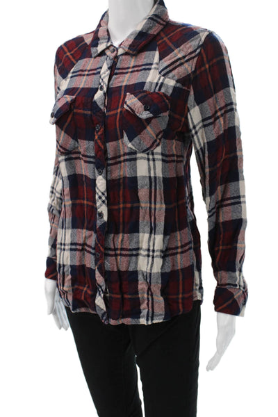 Rails Women Plaid Collared Rayon Button-Up Top Dark Blue Long Sleeve Size M
