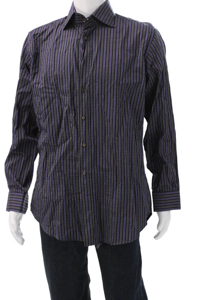 Etro Milano Mens Cotton Collared Striped Button Down Shirt Purple Size 41