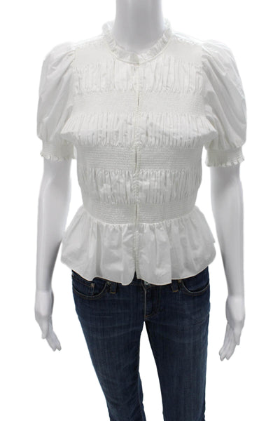Maje Womens White Cotton High Neck Button Up Blouse Short Sleeve Size 0