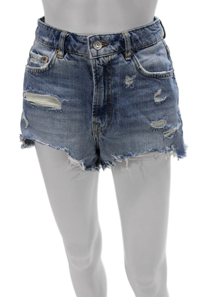 Zara Unisex Blue Button 100% Cotton 90s Spring Shorts Size 2