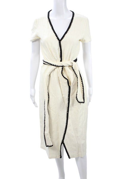 Zara Womens Wrap Dress Beige V-Neck Short Sleeve Knee Cotton Elastane Size S