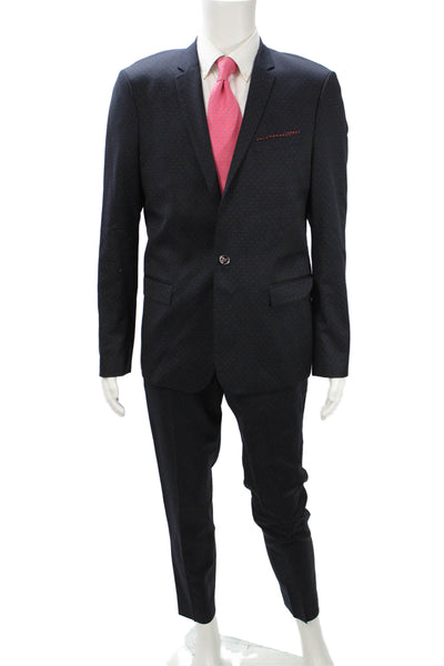 The Kooples Mens Dark Blue 2 Piece Wool Polka Dot Suit Button Collar Size 50
