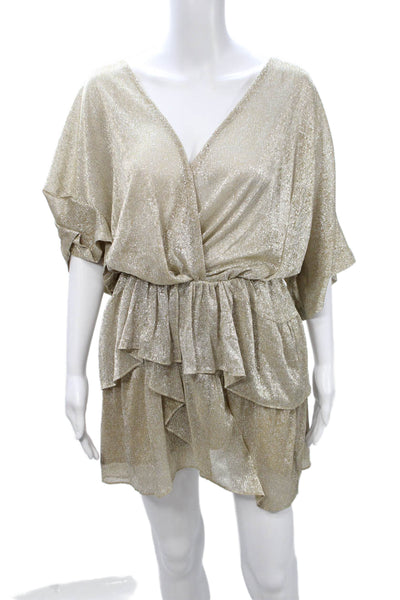 IRO Women Blouson Wrap Dress Beige V-Neck Metallic Waist 24 Size 34
