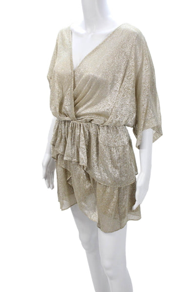 IRO Women Blouson Wrap Dress Beige V-Neck Metallic Waist 24 Size 34
