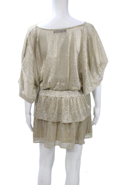 IRO Women Blouson Wrap Dress Beige V-Neck Metallic Waist 24 Size 34