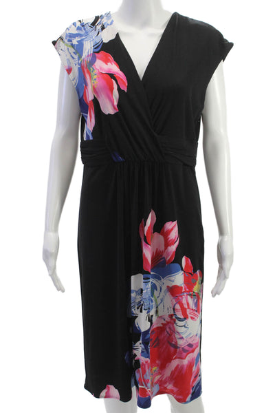 T Tahari Women Wrap Floral V-Neck Knee Length Black Polyester Dress Size M