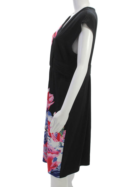 T Tahari Women Wrap Floral V-Neck Knee Length Black Polyester Dress Size M