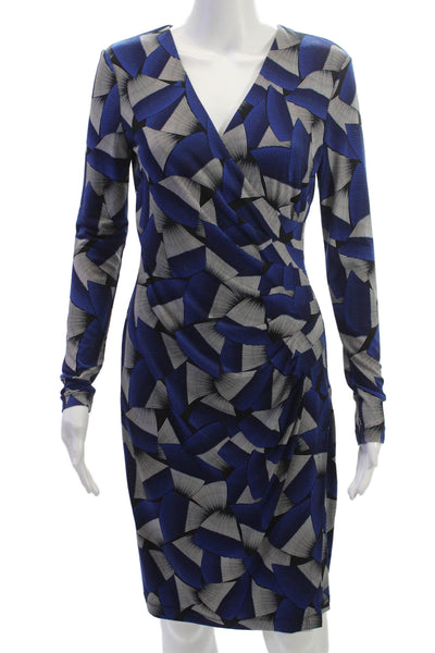 Calvin Klein Womens Sheath Dress Blue Geometric V-Neck Long Sleeve Zip Size 4