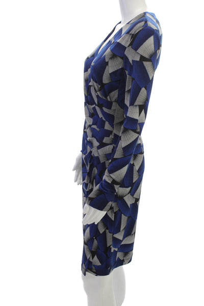 Calvin Klein Womens Sheath Dress Blue Geometric V-Neck Long Sleeve Zip Size 4