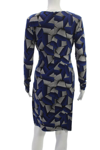 Calvin Klein Womens Sheath Dress Blue Geometric V-Neck Long Sleeve Zip Size 4