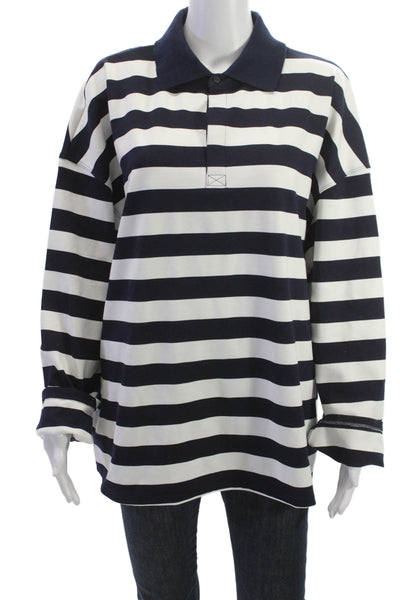 MNG Womens Dark Blue Striped Polo Shirt Long Sleeve Collared Button Size L