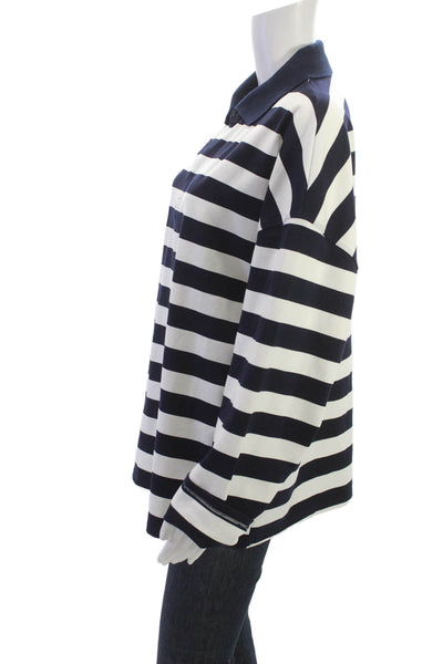 MNG Womens Dark Blue Striped Polo Shirt Long Sleeve Collared Button Size L