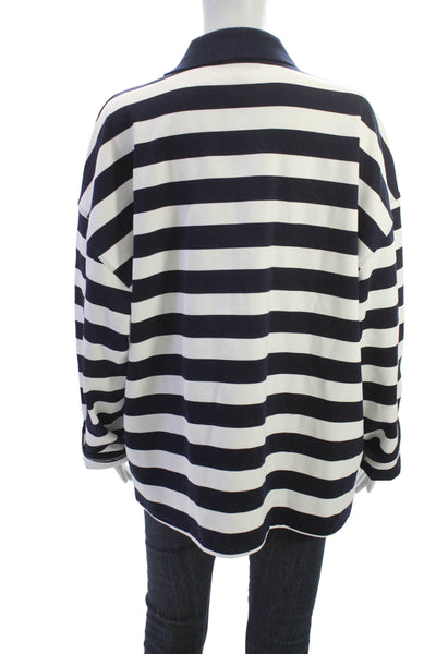 MNG Womens Dark Blue Striped Polo Shirt Long Sleeve Collared Button Size L