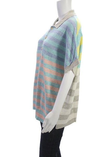Eolas Women Pullover Light Blue Linen Striped Collared Short Sleeve Size L