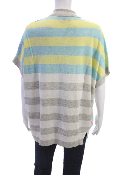 Eolas Women Pullover Light Blue Linen Striped Collared Short Sleeve Size L