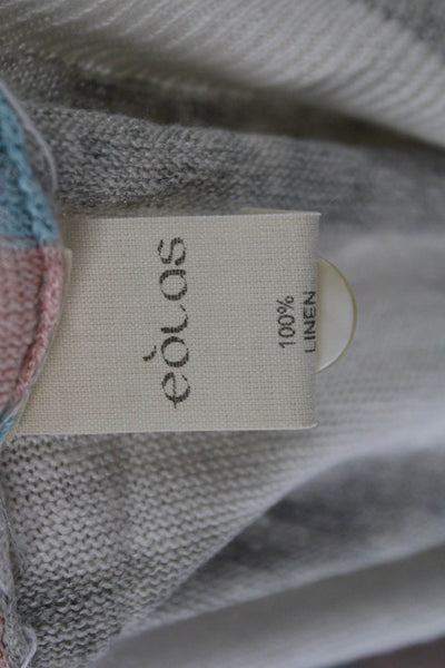 Eolas Women Pullover Light Blue Linen Striped Collared Short Sleeve Size L