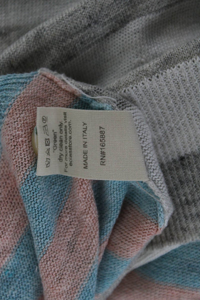 Eolas Women Pullover Light Blue Linen Striped Collared Short Sleeve Size L