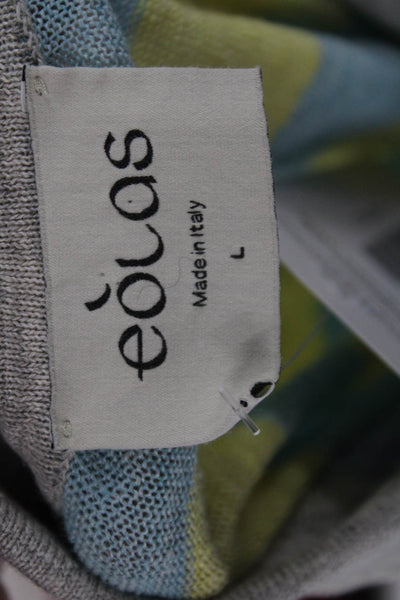 Eolas Women Pullover Light Blue Linen Striped Collared Short Sleeve Size L