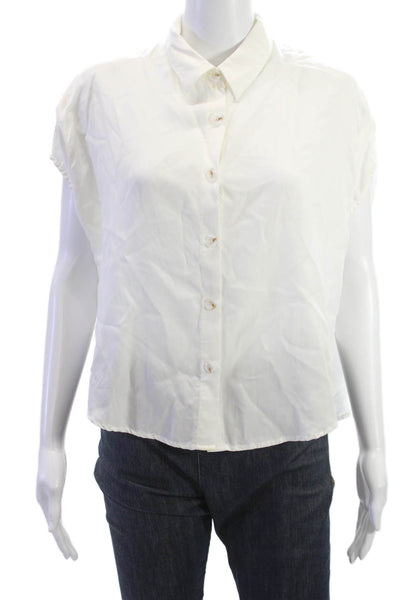 Sancia Women Collared Short Sleeve Button-Up Blouse White 100% Tencel Size XS