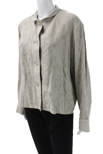 Maralyce Ferree Womens Beige Floral Button Mock Neck Polyester Jacket Size L