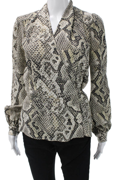 L'Agence Women Silk Snake Print V Neck Long Sleeve Blouse Beige Size XS