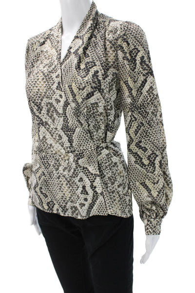 L'Agence Women Silk Snake Print V Neck Long Sleeve Blouse Beige Size XS