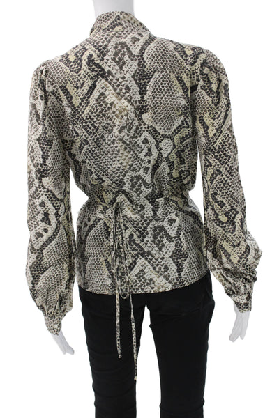 L'Agence Women Silk Snake Print V Neck Long Sleeve Blouse Beige Size XS