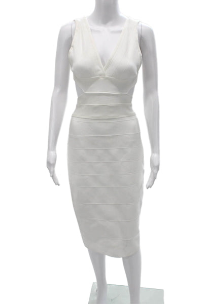 Herve Leger Women Bodycon Pencil Dress White V Neck Sleeveless Size L