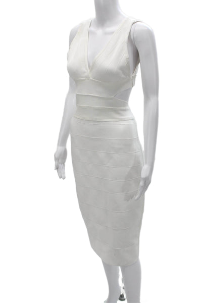 Herve Leger Women Bodycon Pencil Dress White V Neck Sleeveless Size L