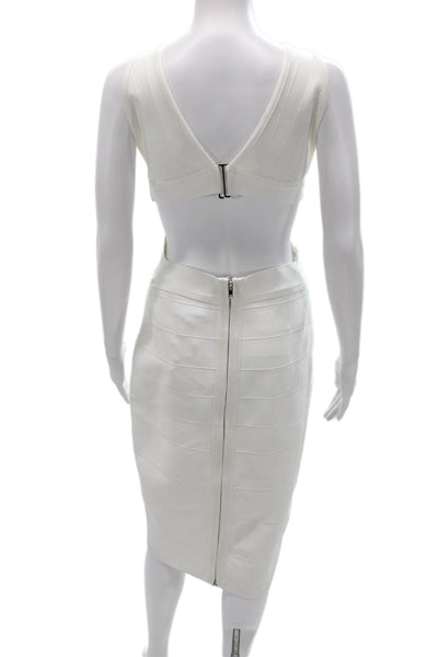 Herve Leger Women Bodycon Pencil Dress White V Neck Sleeveless Size L