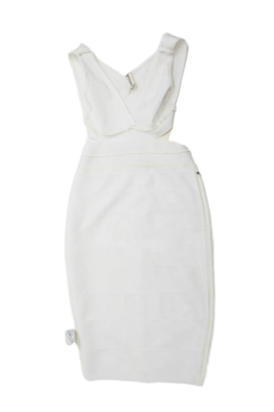 Herve Leger Women Bodycon Pencil Dress White V Neck Sleeveless Size L