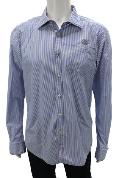 Scotch Mens Dress Shirt Blue Striped 100% Cotton Point Collar Button-Up Size XL