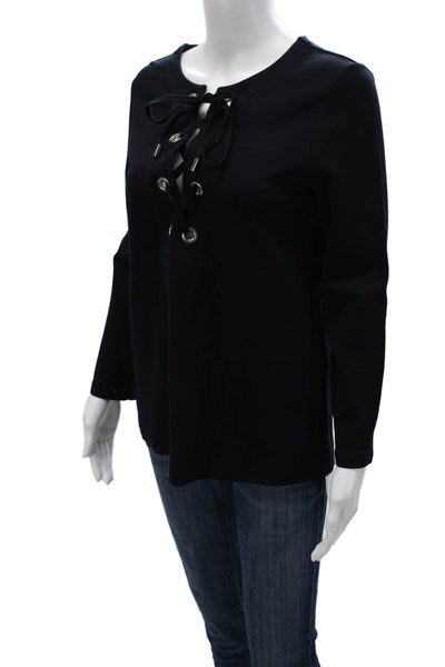 Theory Women Black Viscose Long Sleeve Round Neck Drawstring Top Size S