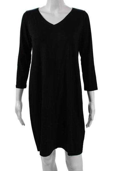 Eileen Fisher Womens Black Shift Dress V-Neck 3/4 Sleeve Tencel Size PS