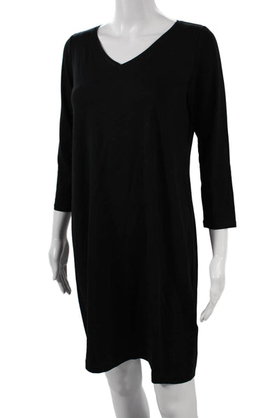 Eileen Fisher Womens Black Shift Dress V-Neck 3/4 Sleeve Tencel Size PS