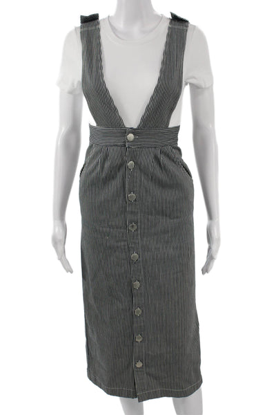 Maje Women Black Striped Overall Dress Button Front Cotton Elastane Size 34