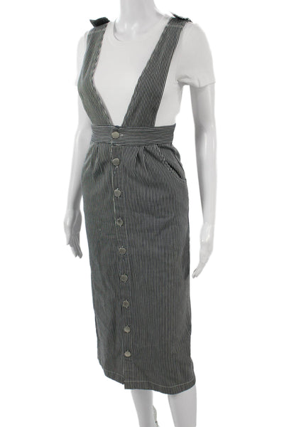 Maje Women Black Striped Overall Dress Button Front Cotton Elastane Size 34