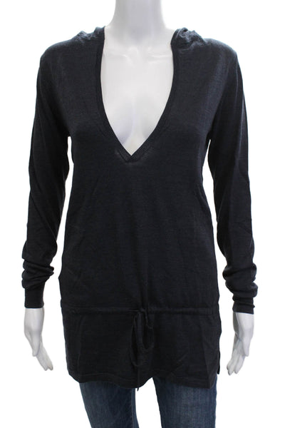 Theory Women Tunic Hoodie Dark Blue 100% Wool Long Sleeve Size M