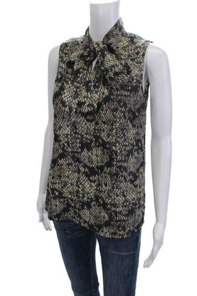 Theory Womens Black Snake Print High Neck Sleeveless Silk Blouse Size XS Petite