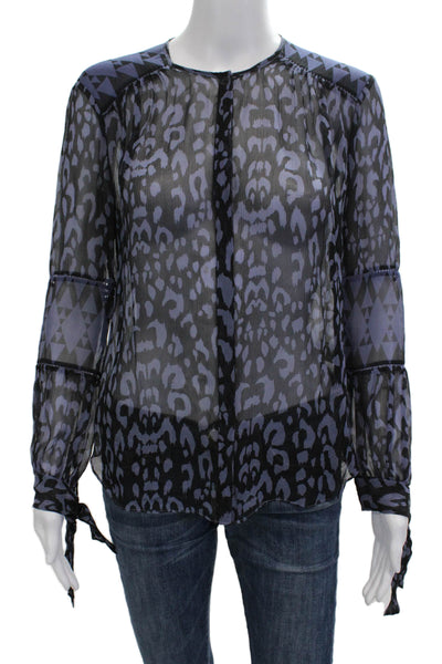 Rebecca Taylor Women Silk Leopard Crewneck Button Long Sleeve Blouse Size 0