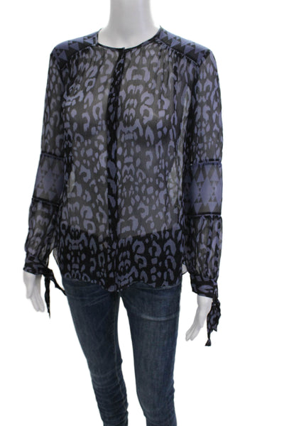 Rebecca Taylor Women Silk Leopard Crewneck Button Long Sleeve Blouse Size 0
