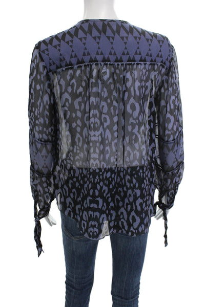 Rebecca Taylor Women Silk Leopard Crewneck Button Long Sleeve Blouse Size 0