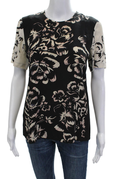 Rebecca Taylor Women Black Silk Floral Crewneck Short Sleeve Blouse Size 0