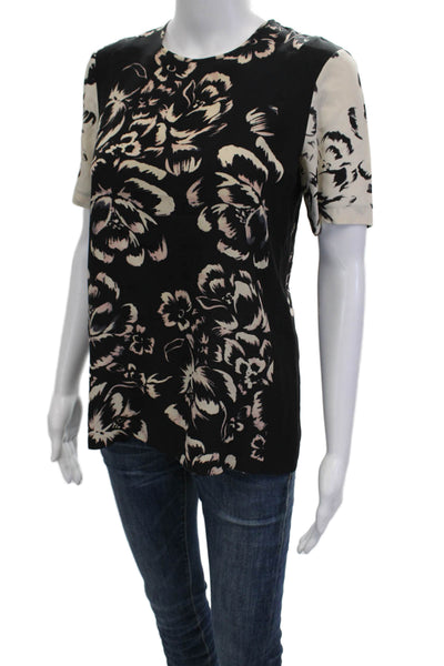 Rebecca Taylor Women Black Silk Floral Crewneck Short Sleeve Blouse Size 0