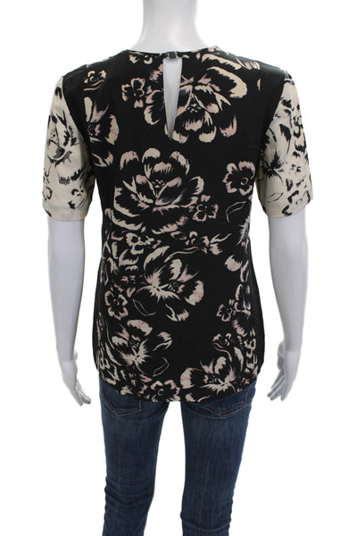 Rebecca Taylor Women Black Silk Floral Crewneck Short Sleeve Blouse Size 0