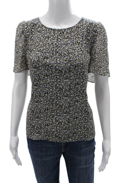 J Crew Women Black Floral Silk Short Sleeve Round Neck Button Blouse Size 10