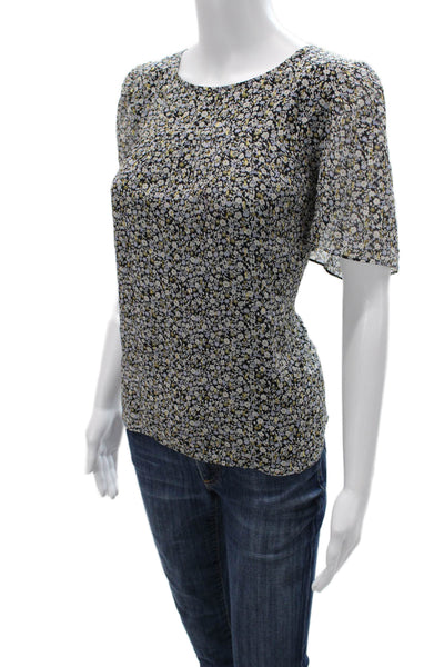 J Crew Women Black Floral Silk Short Sleeve Round Neck Button Blouse Size 10