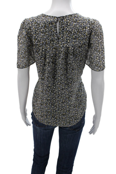 J Crew Women Black Floral Silk Short Sleeve Round Neck Button Blouse Size 10