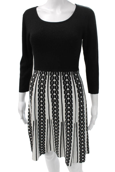 Roz & Ali Women Fit & Flare Sweater Dress Black Herringbone 3/4 Sleeve Size S