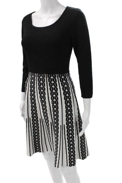 Roz & Ali Women Fit & Flare Sweater Dress Black Herringbone 3/4 Sleeve Size S